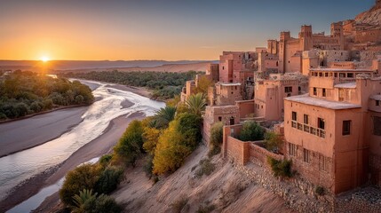 Fototapeta premium Ait Benhaddou Kasbah in Morocco at Sunset: Ancient Village along River with Warm Light