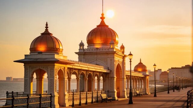 Sun aligning with dome, camera shifting forward-right on seafront, highlighting pavilion and flare