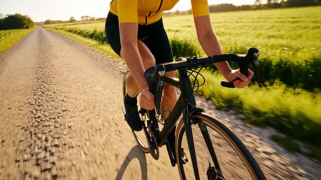 Pedaling cyclist in yellow jersey black shorts training on gravel road, camera tracking drivetrain