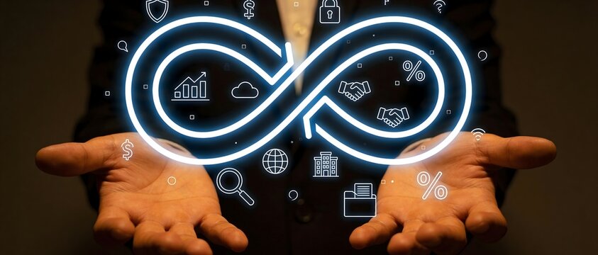 Businessman presents a glowing neon infinity loop symbol with various business and finance icons floating around his open hands, representing continuous process and growth.