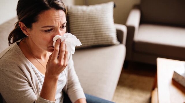 Holding woman in gray cardigan pressing crumpled tissue to nose on sofa after starting to cry
