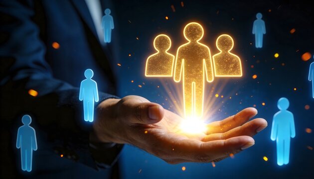Hand gently holds glowing human figures, symbolizing leadership, talent acquisition, and the importance of people in an organization, surrounded by other blue figures.