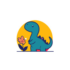 Cute cartoon dinosaur smelling a flower with a yellow sun background Adorable baby TRex character in a whimsical, playful scene Concept of nature, childhood, and innocence © Fernando
