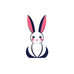 Obraz premium Cute cartoon rabbit illustration, simple white bunny with pink ears and cheeks, sitting pose, minimalist graphic design, adorable animal character for kids and Easter themes