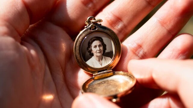 Holder's hand holding locket in sunlight, fingers entering from right centering keepsake portrait