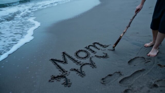 Woman tracing Mom in wet sand, retracing as incoming tide nudging memorial and leaving footprints