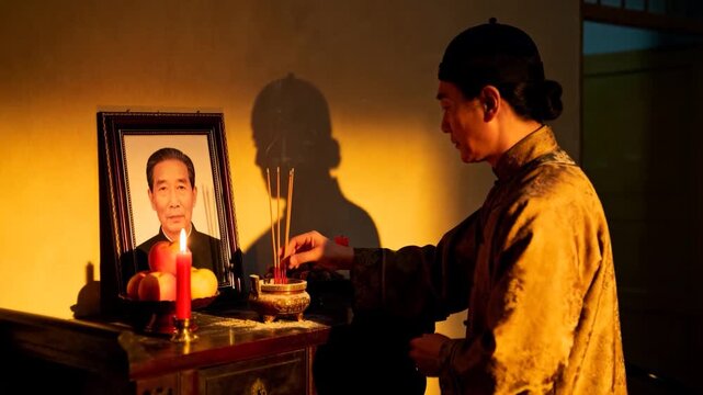 Noticing portrait, man in robe placing incense sticks into burner at altar, honoring, copy space