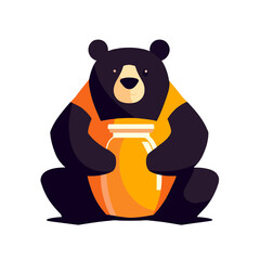 Black bear wearing orange shirt holding jar of honey, cute cartoon animal character, sweet food concept, isolated on white background, illustration © Fernando