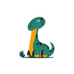 Cute cartoon dinosaur sitting, green brontosaurus with orange belly, playful prehistoric creature illustration for kids, concept of childhood and fantasy © Fernando