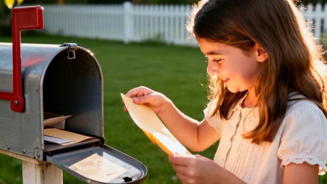 Girl checking mailbox for letter from Mom, pulling yellow envelope, opening and smiling for family