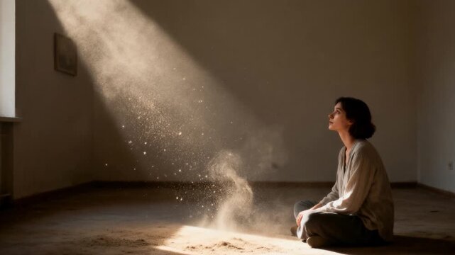 Gazing woman turning toward sunlight revealing dust, watching it lifting in empty room, copy space