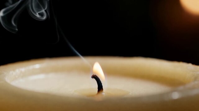 Glowing pillar candle reacting to left draft on table, emitting curling smoke, showing black wick