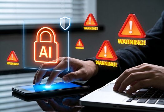 Person interacts with a laptop and smartphone under a barrage of "warning!" triangles, with an "ai" padlock security icon prominently featured.