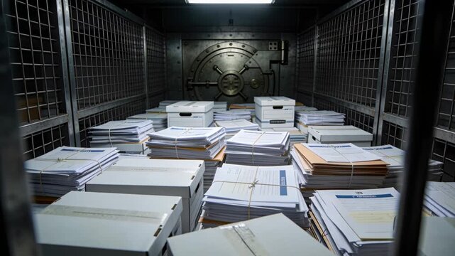 Panning camera revealing file boxes and bundled papers behind locked gate in steel vault
