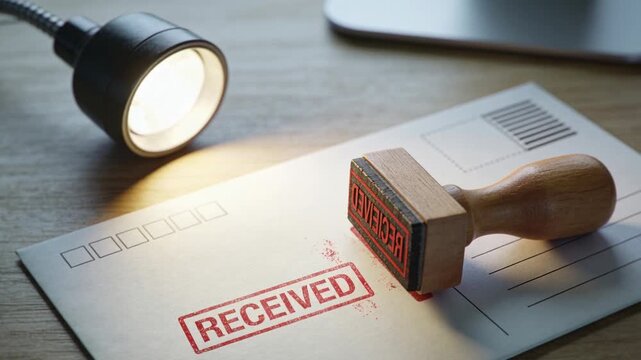 Pressing wooden-handled stamp stamping RECEIVED on envelope at desk, leaving red smear, lamp light