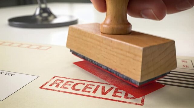 Aligning right hand then lowering wooden stamp onto desk form, pressing and leaving RECEIVED mark