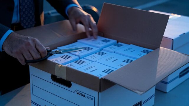 Placing papers, man in suit cutting tape with scissors, opening box at curbside, revealing ballots
