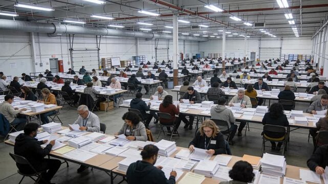 Sorting seated workers prompted by paperwork stacks, counting forms at warehouse, wearing badges