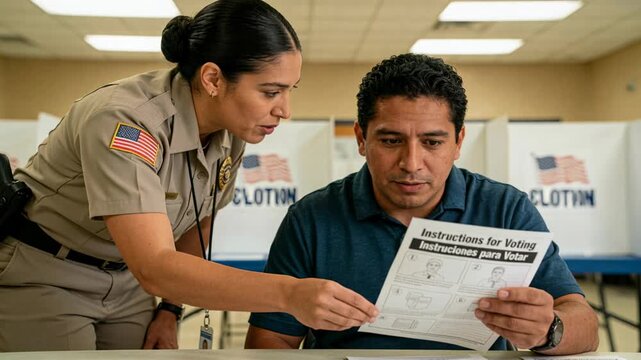 Voter holding bilingual voting sheet, uniformed officer leaning and pointing to guide voter at poll