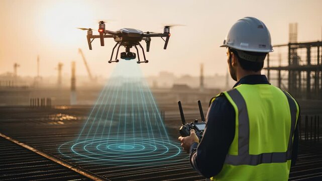 Sunrise drone flying over industrial construction zone for inspection