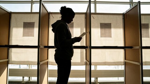 Holding paper, woman reading and glancing for voting at polling panels with hooded sweatshirt