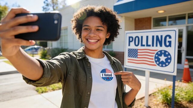 Taking selfies after voting, white-tee voter with phone by POLLING sign pointing to I Voted sticker