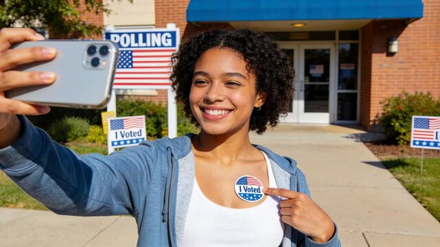 Holding phone at arm's-length, teen voter showing I Voted sticker at polling entry in white tank