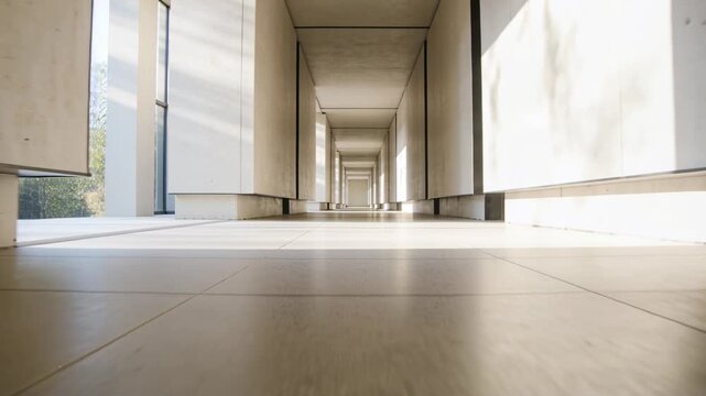 Moving low camera inching forward along tiled floor toward exit, revealing wall panels and sunlight