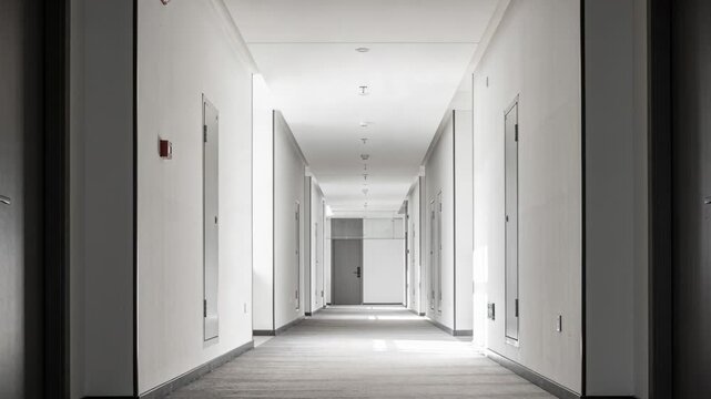 Starting recording, low camera capturing carpeted corridor in hotel, with fire alarm