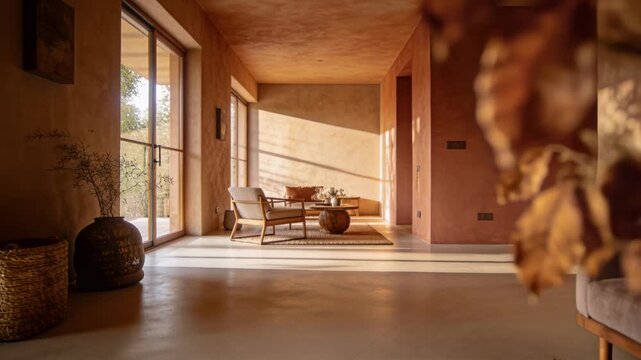 Sliding camera moving coffee table with ceramic vase and branch in sunlit room, highlighting vase