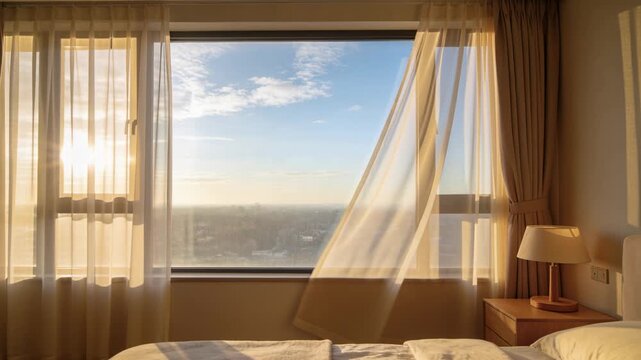 Billowing sheer curtain pushed by breeze from open sash drifting across wide window in sunlit room