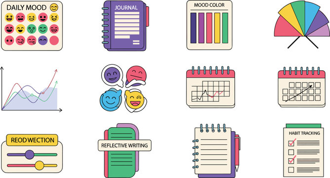 Daily mood tracker and mental health journal icon set