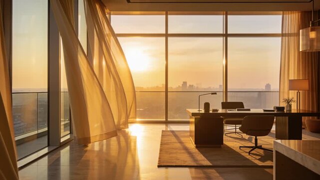 Billowing sheer curtains by balcony breeze catching low sun at highrise window shifting floor light