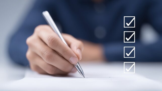 Business Checklist Execution: Close-up of Hand Marking Tasks as Complete with Pen on Paper