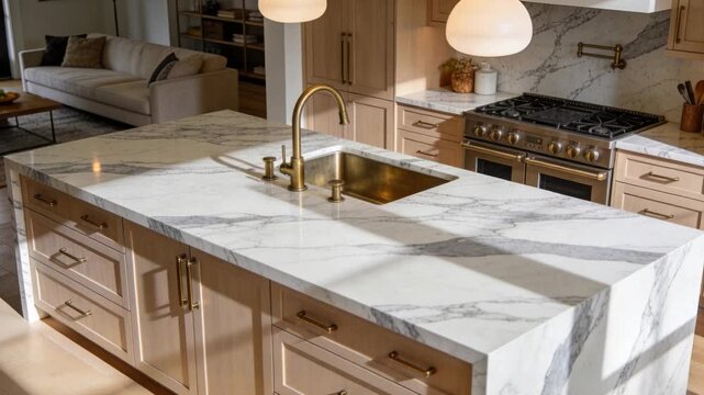 Showing marble island catching shifting sunlight from left window, camera zooming, brass faucet