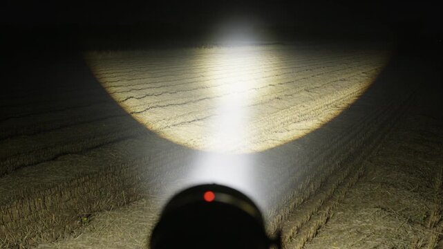 Switching on handheld flashlight, beam shifting from hand shaking, lighting field at night, red LED