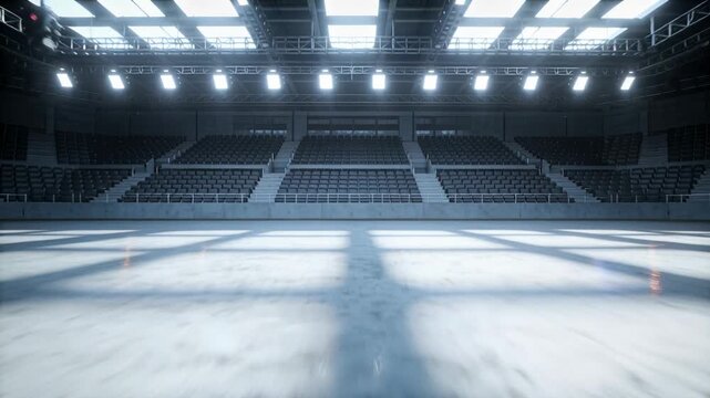Opening shot pulling camera back, revealing empty central floor with seam, stands, trusses overhead