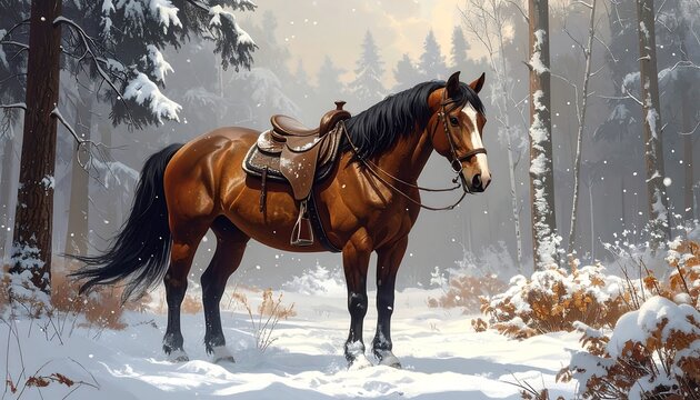 Majestic Brown Horse Standing in a Snowy Forest Landscape.