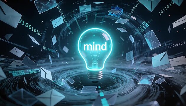 glowing blue lightbulb surrounded by chaotic whirlwind of envelopes and digital symbols for information overload and stress awareness concept