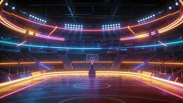 Activating LED sequence over arena, coloring court and center hoop or backboard for game intro