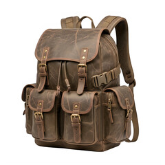 Naklejka premium A brown leather backpack with multiple pockets isolated on transparent background