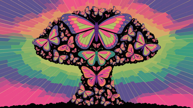 Vibrant butterfly cloud in atomic explosion shape - Perfect for peace campaigns, transformation themes, or colorful digital backgrounds.