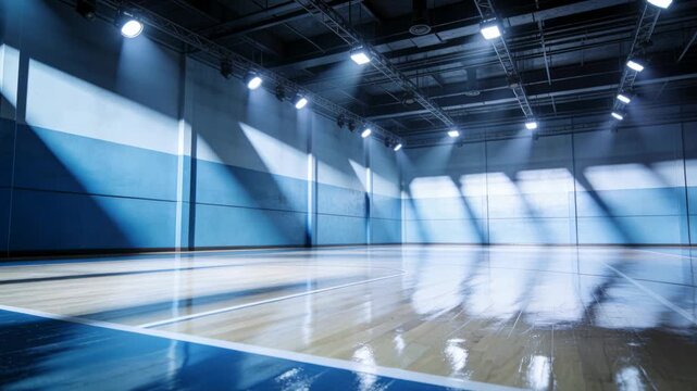 Shifting spotlights casting beams across polished court in gym reflecting boundary lines for test