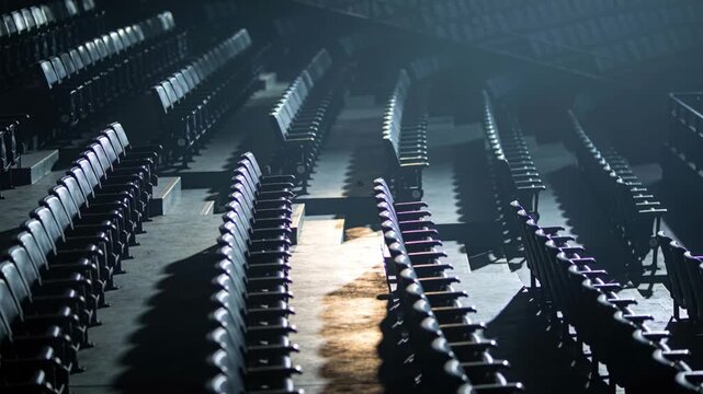 Shifting camera revealing rows of folding seats in arena, highlighting warm light on central aisle