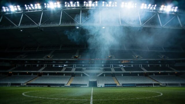 Rising smoke column expanding rightward on pitch with central tunnel starting to emit, floodlights