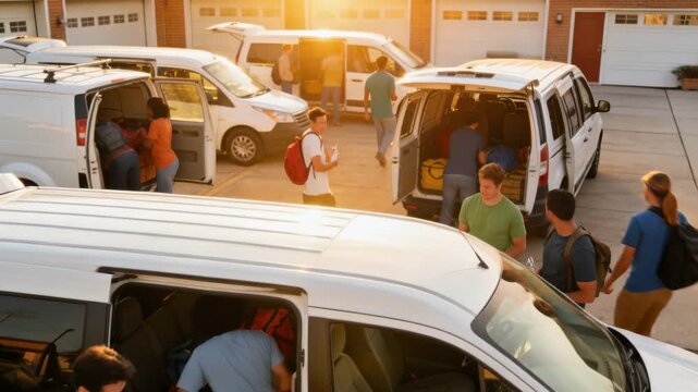 Loading white vans, team preparing to depart, checking clipboards and stowing red duffels at depot