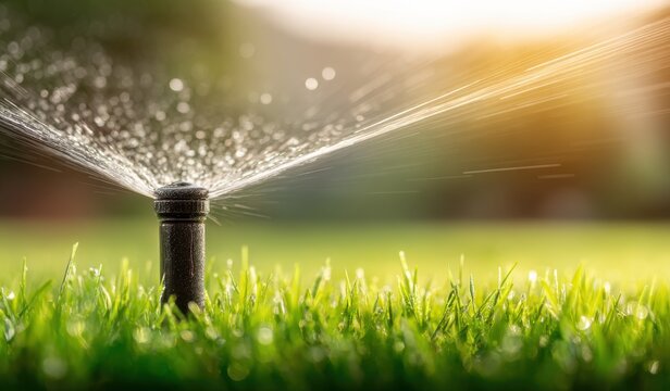 Automatic Sprinkler System Watering Fresh Green Lawn in Backyard During Sunny Summer Day