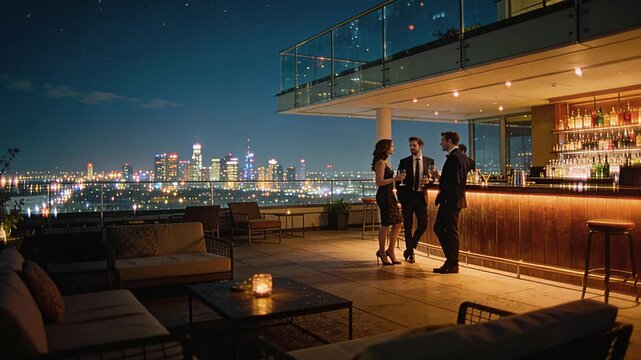 Friends in cocktail outfits share conversations on rooftop under city lights