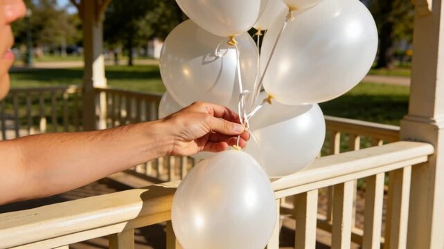 Entering frame bare forearms gathering balloon strings in gazebo, tying balloon bouquet to railing