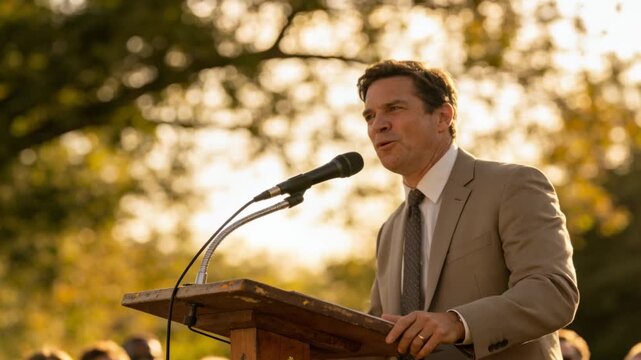 Addressing male speaker prompted by crowd, delivering animated speech at park lectern with tan suit